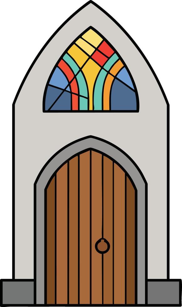 Gothic church door with colorful stained glass window illustration in simple style vector