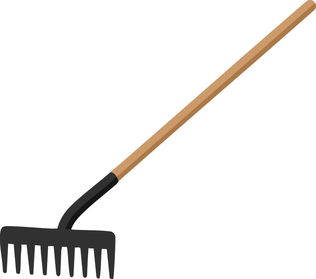 Garden rake with wooden handle and black metal tines tool for yard maintenance and soil leveling illustration vector