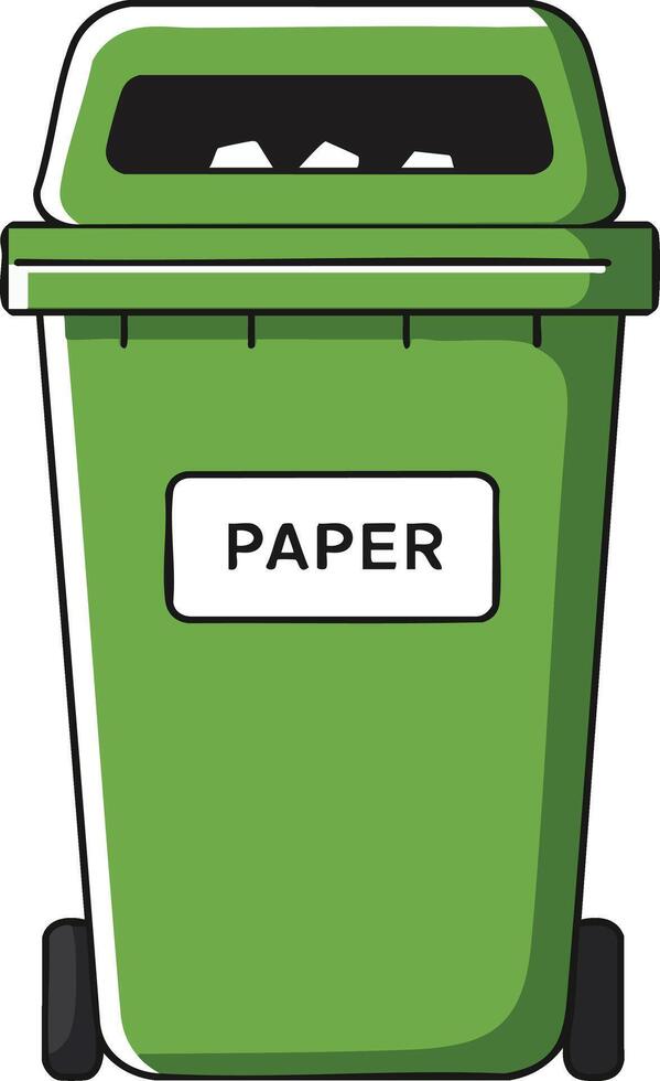 Green paper recycling bin with wheels and lid for waste sorting and environmental cleanliness illustration vector