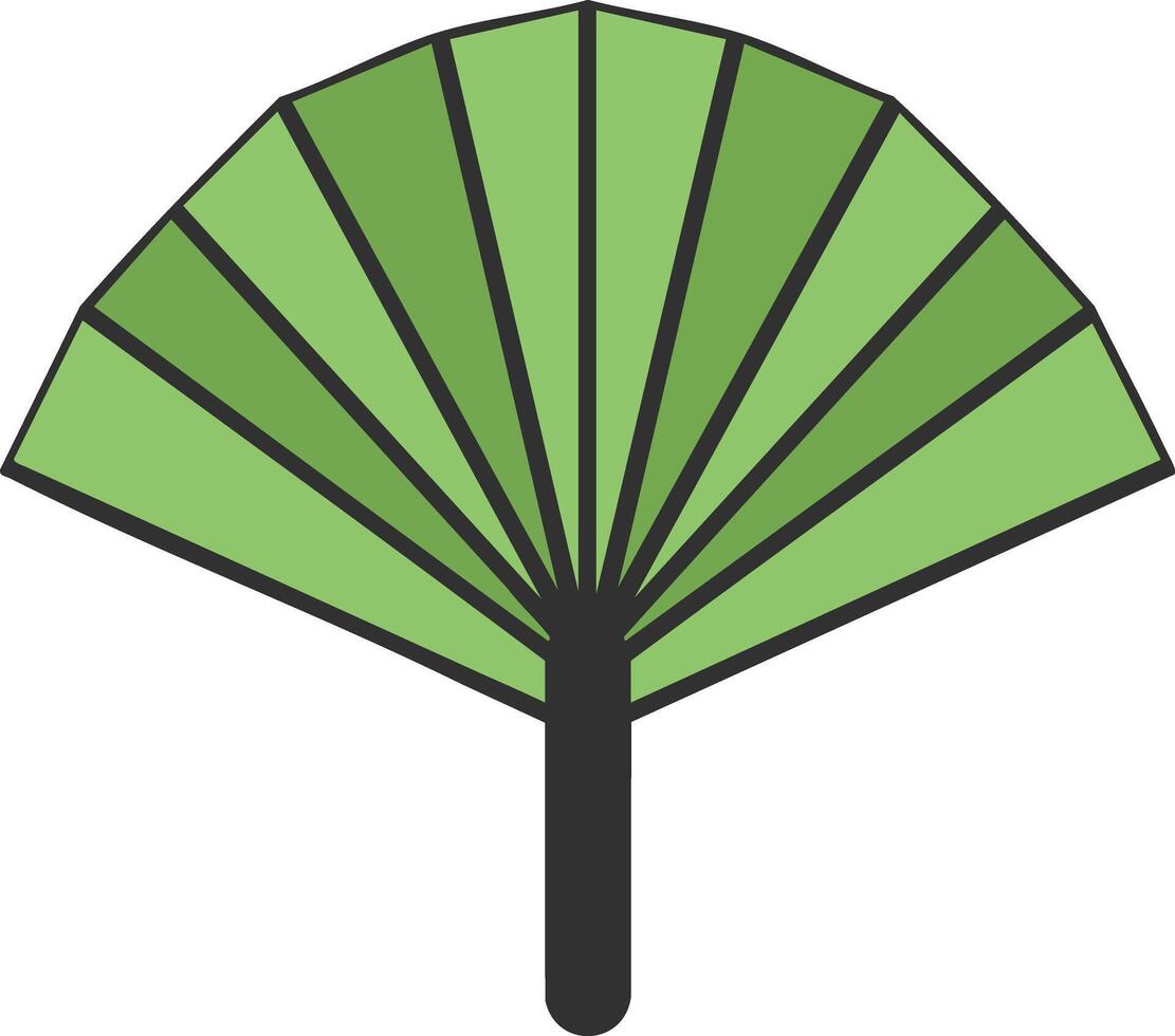 Green handheld fan illustration with black handle and segmented design for cooling and decoration purposes vector