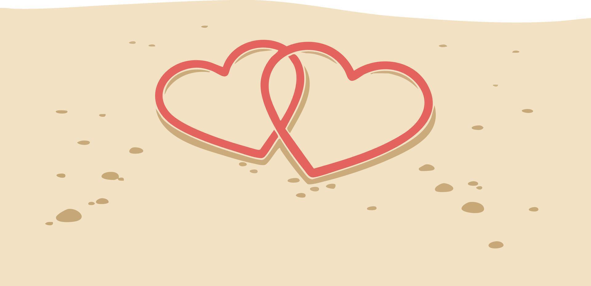 Two intertwined hearts drawn on sand beach symbolizing love and connection in romantic illustration vector