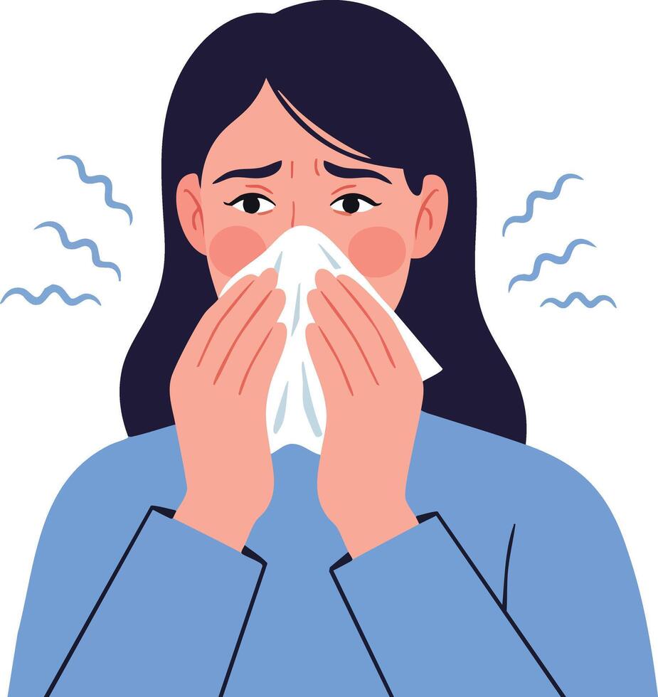 Woman with cold symptoms blowing nose on tissue feeling sick and unwell in blue clothes illustration vector