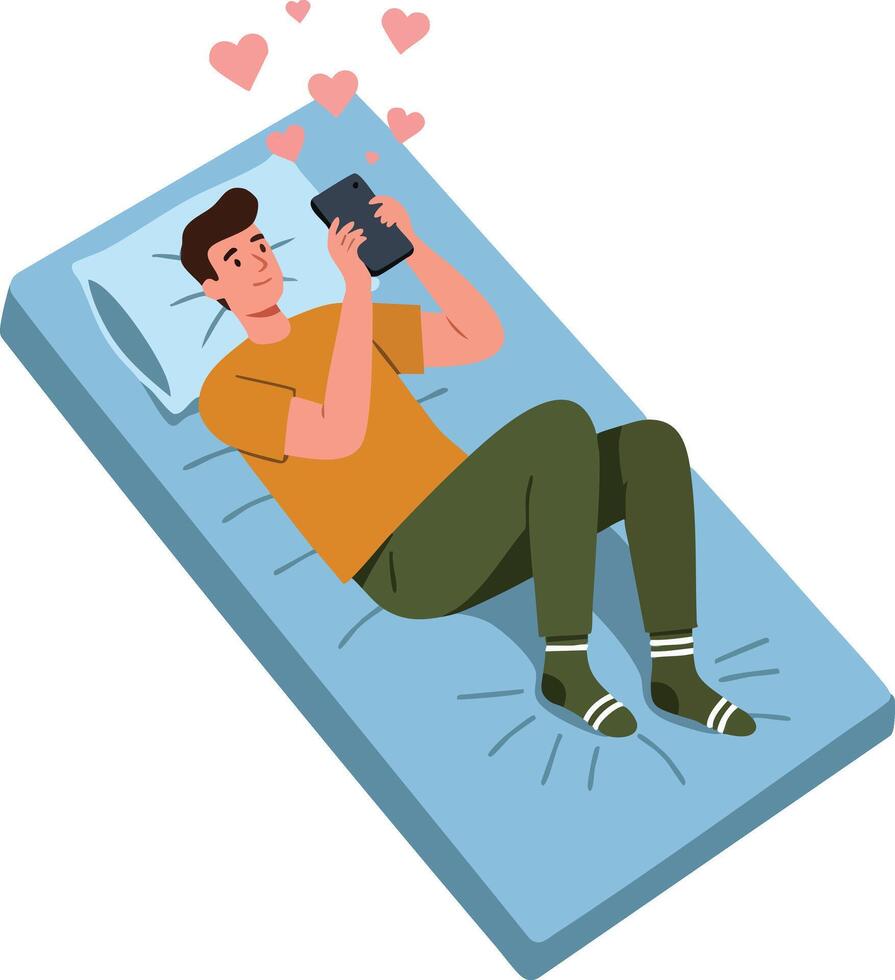Man lying on bed holding phone with hearts above showing love and affection illustration vector