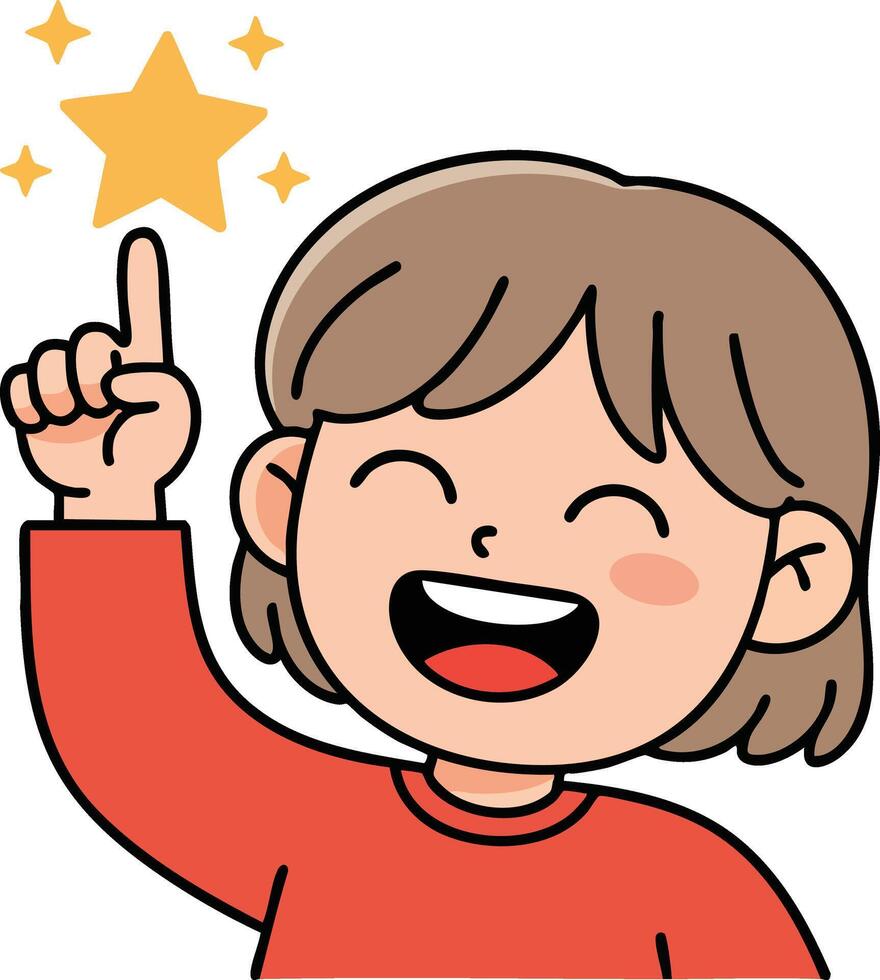 Happy child pointing to shining yellow star with excitement and joy in cartoon style vector