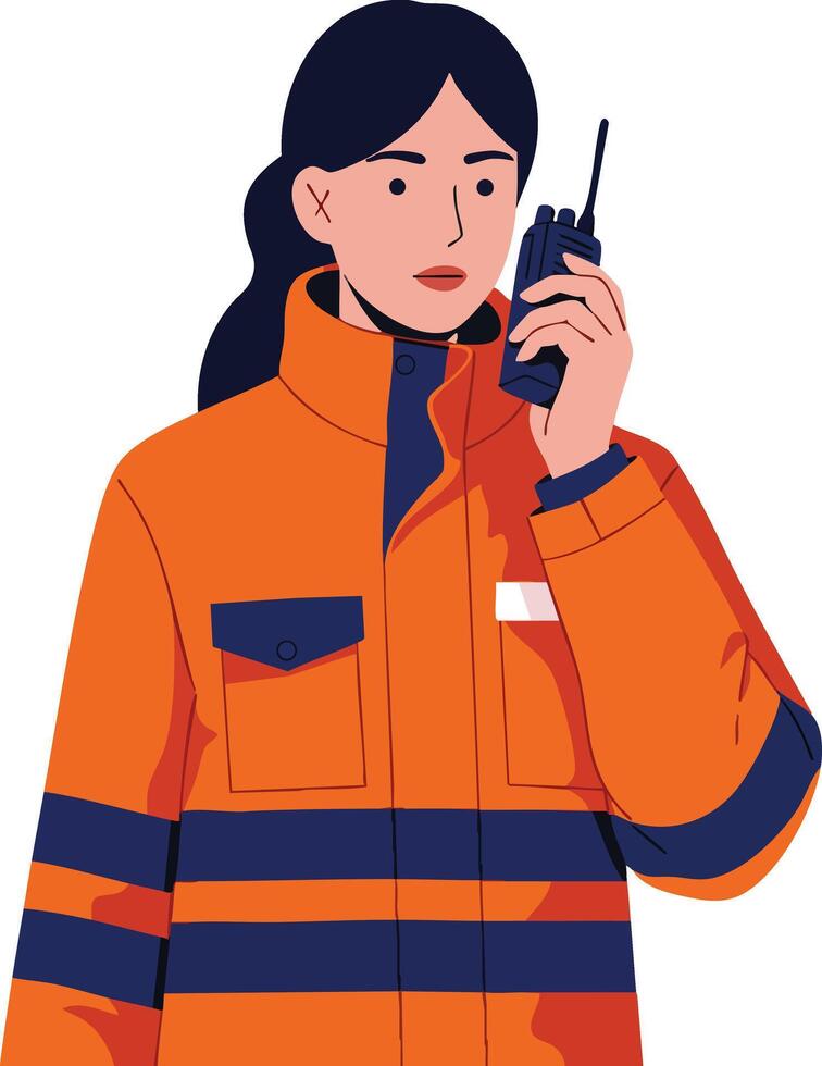 Female emergency responder in orange and navy uniform using handheld radio communication device illustration vector