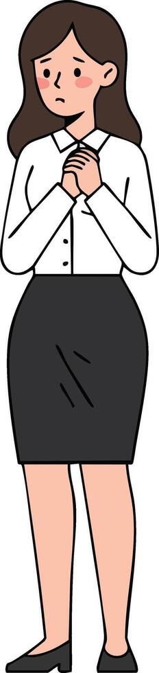 Businesswoman standing with hands clasped in worry or nervousness illustration vector