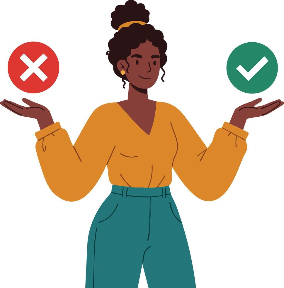 Woman weighing right and wrong choices with red cross and green check marks illustration vector