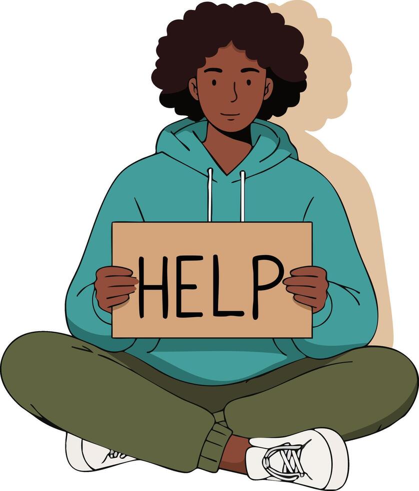 Young person sitting cross-legged holding help sign illustration showing mental health awareness and support message vector