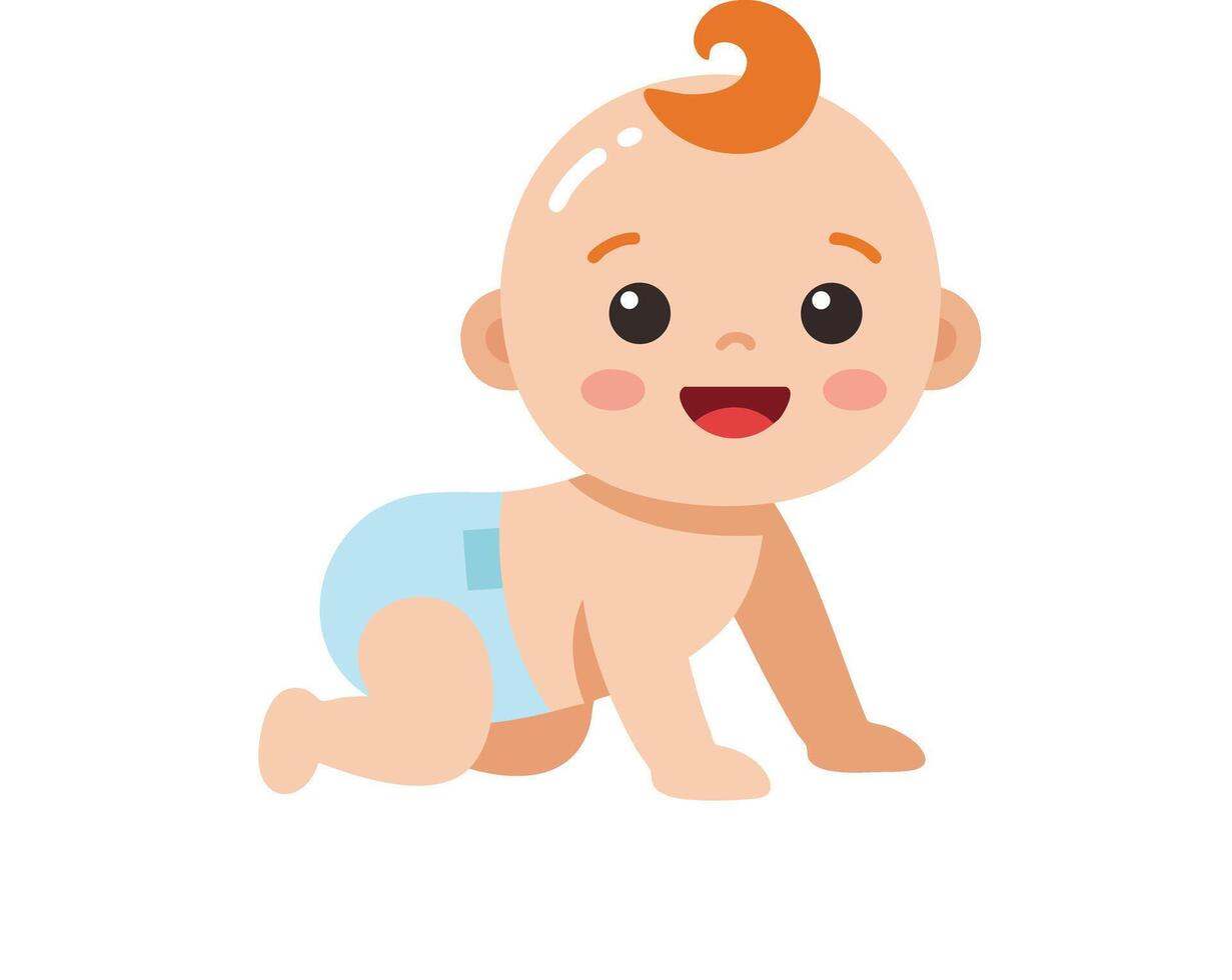 Cute crawling baby with orange hair in blue diaper illustration for toddler and infant design elements vector