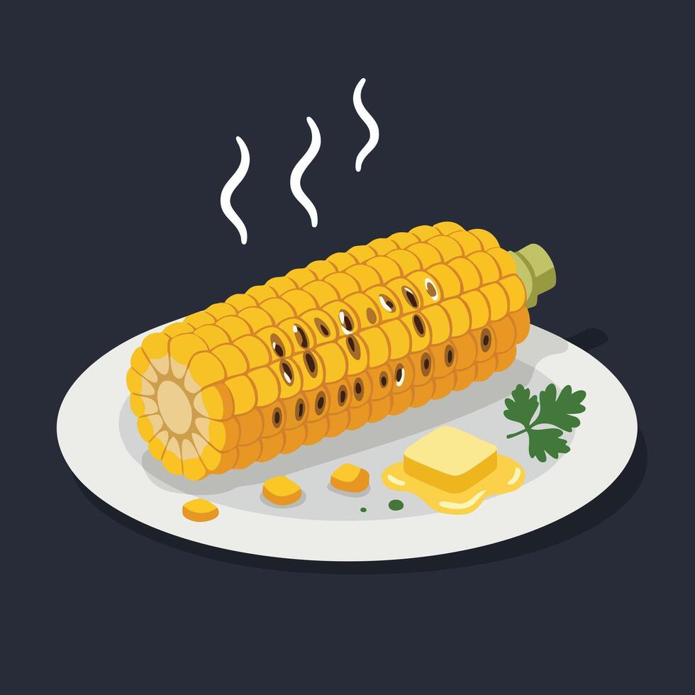 Corn on the cob with melting butter and parsley on plate food illustration vector