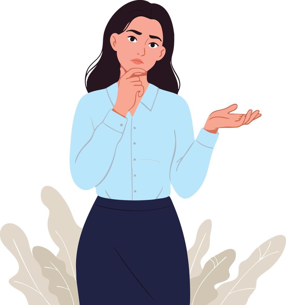 Woman in thoughtful pose with hand on chin and palm up expressing doubt or question illustration vector