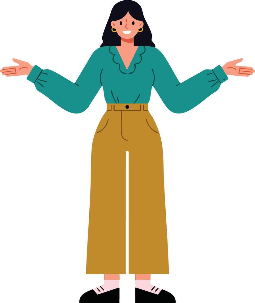 Woman with teal blouse and mustard wide leg pants standing with open arms illustration vector