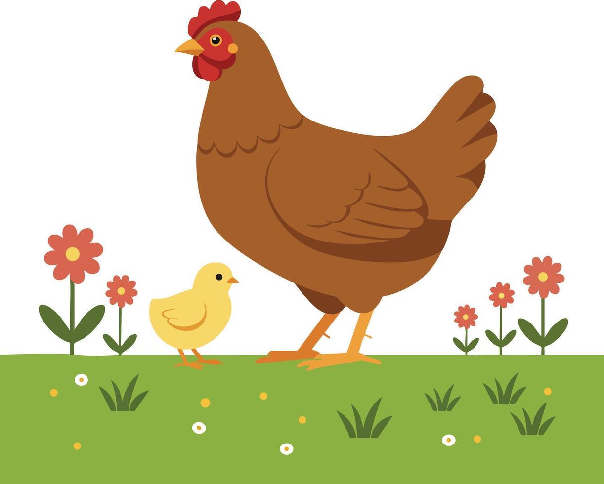Brown hen with yellow chick walking on green grass with flowers illustration vector