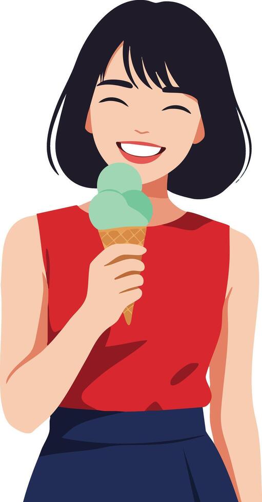 Smiling woman holding ice cream cone enjoying summer treat in casual red top and blue skirt illustration vector