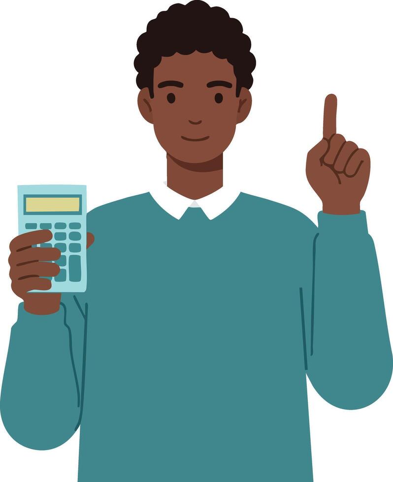 Young man in teal sweater holding calculator and pointing finger up illustration vector