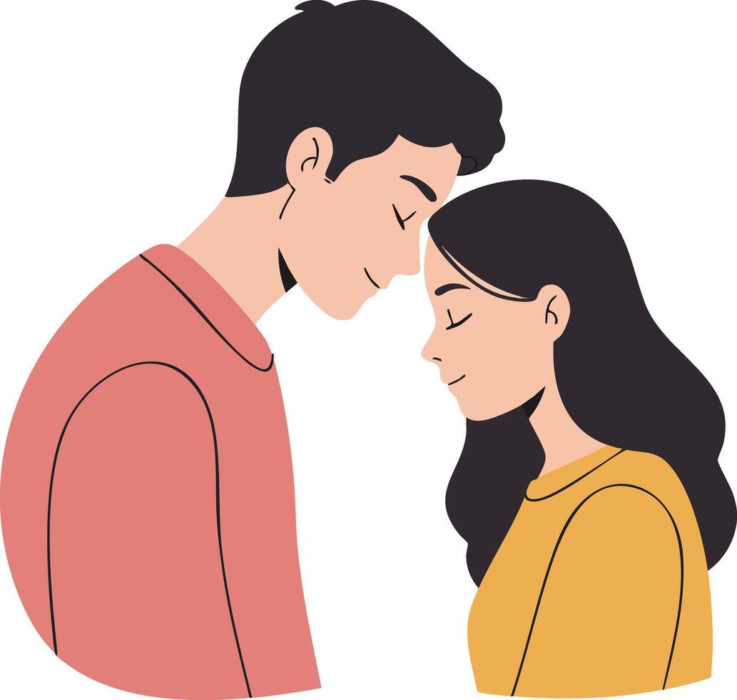 Young couple showing affection with foreheads touching in tender moment illustration vector
