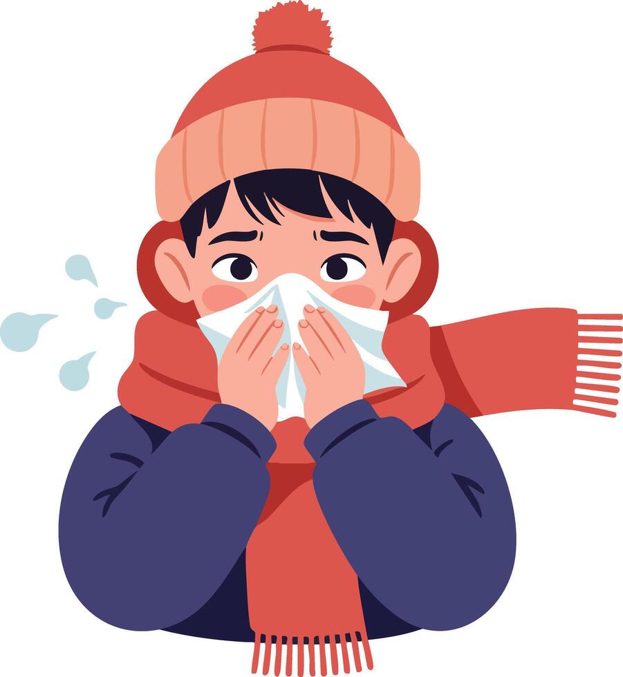 Child Wearing Winter Clothes Blowing Nose with Tissue in Cold Weather Illustration vector