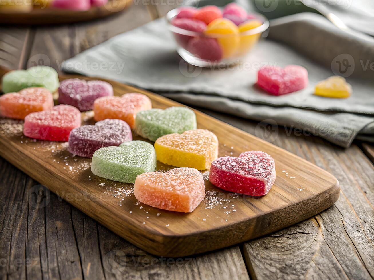 Vibrant Heart Shaped Jelly Candies on Rustic Wooden Board. Perfect for Valentines, Celebrations and Sweet Moments. Delicious food background photo