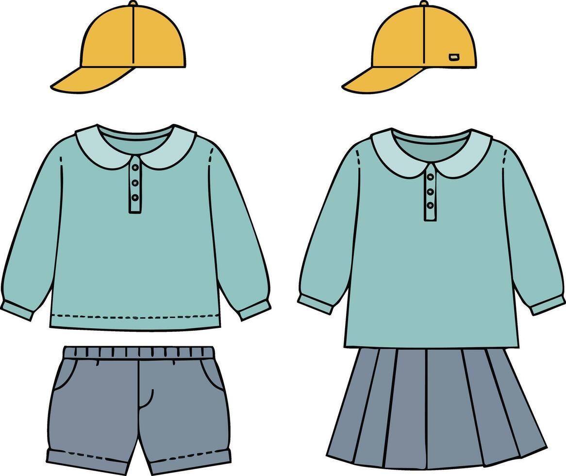 Kids casual clothing set with yellow baseball caps shorts and pleated skirt illustration vector