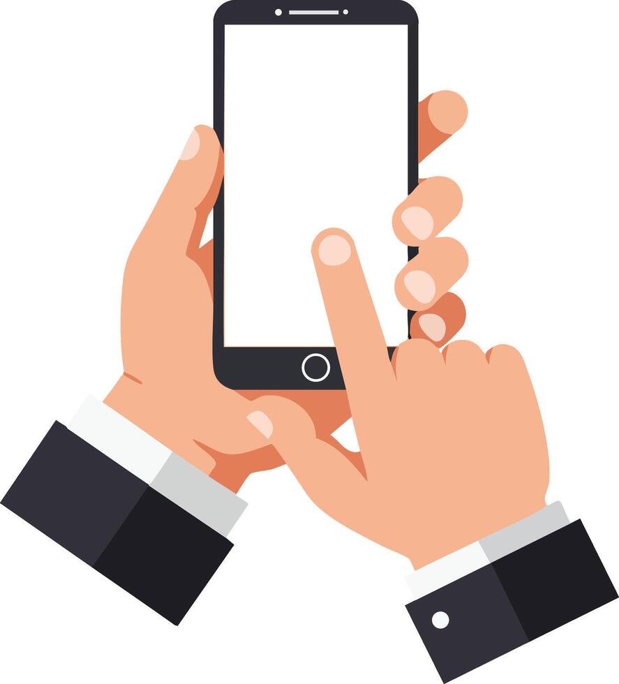 Human hand holding smartphone with finger touching screen for mobile interaction technology use vector