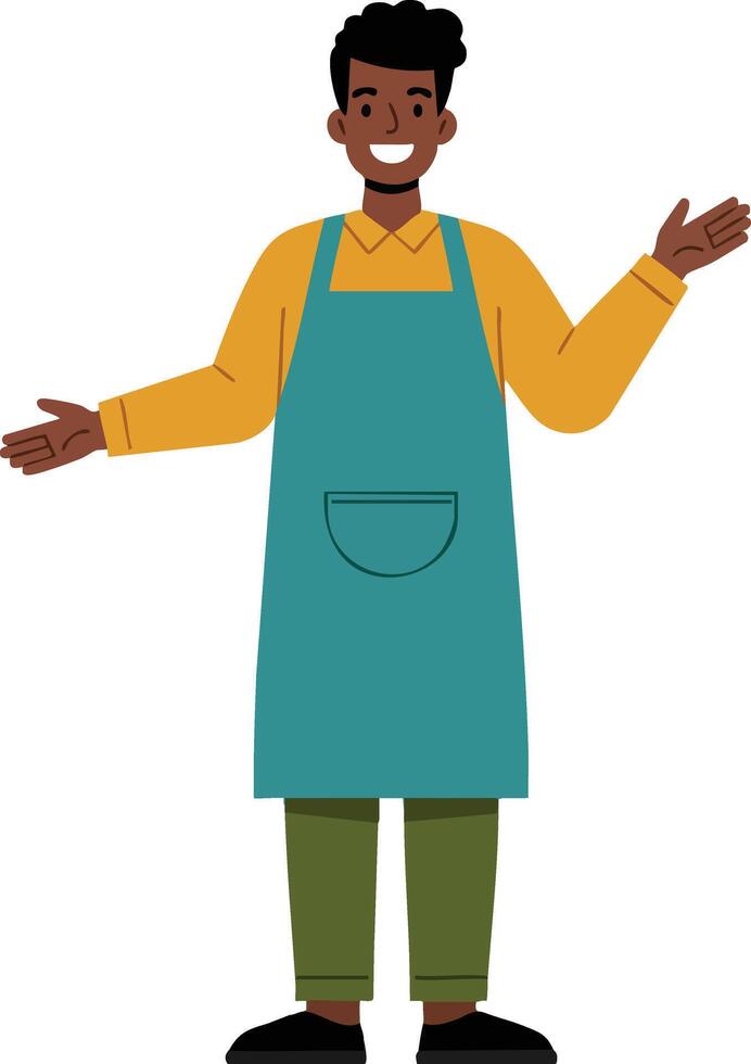 Smiling man wearing teal apron and yellow shirt welcoming with open arms illustration vector