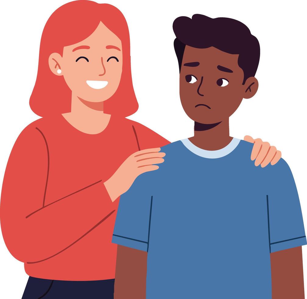 Woman comforting sad man showing empathy and support in emotional moment vector