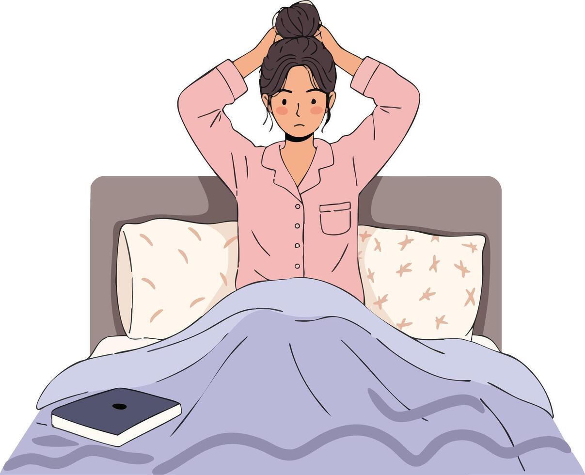 Woman sitting up in bed with hands on head wearing pink pajamas and blue blanket illustration vector