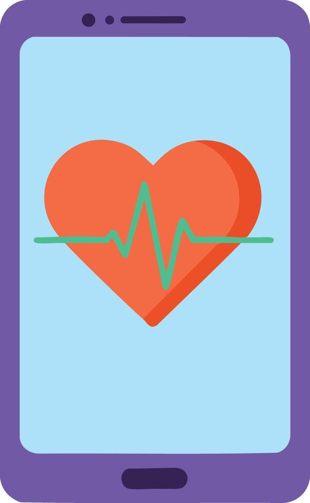 Smartphone with heart rate monitor app showing red heart and green pulse line illustration vector