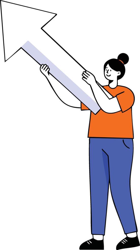 Woman holding large upward arrow symbolizing growth and progress in business concept illustration vector