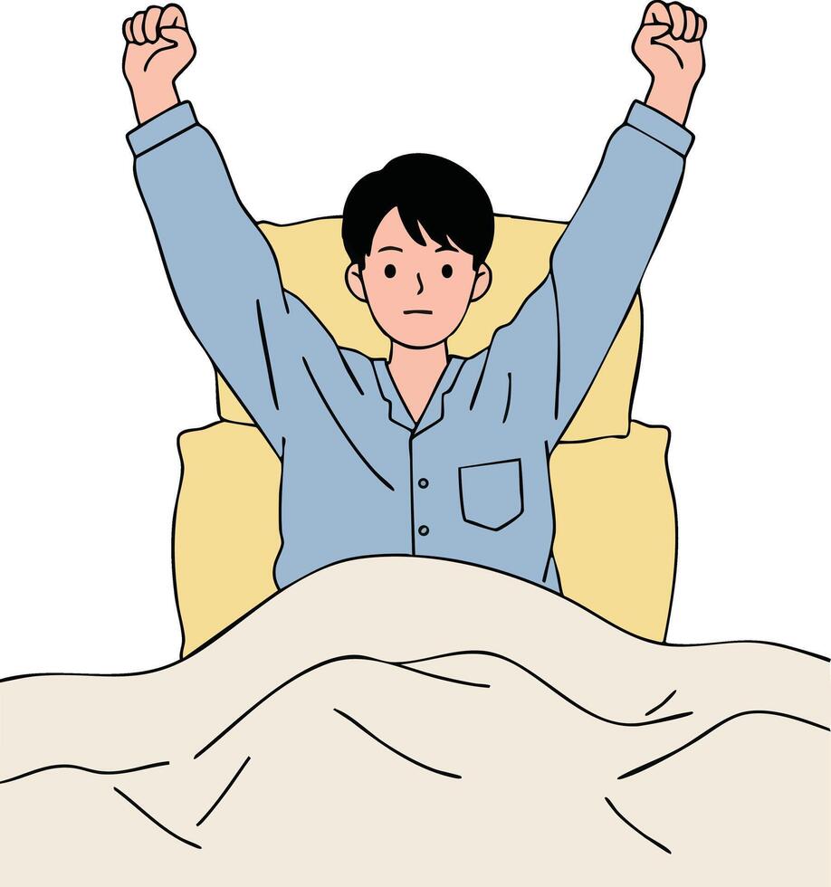 Man stretching arms while waking up in bed with yellow pillow and blue pajamas illustration vector