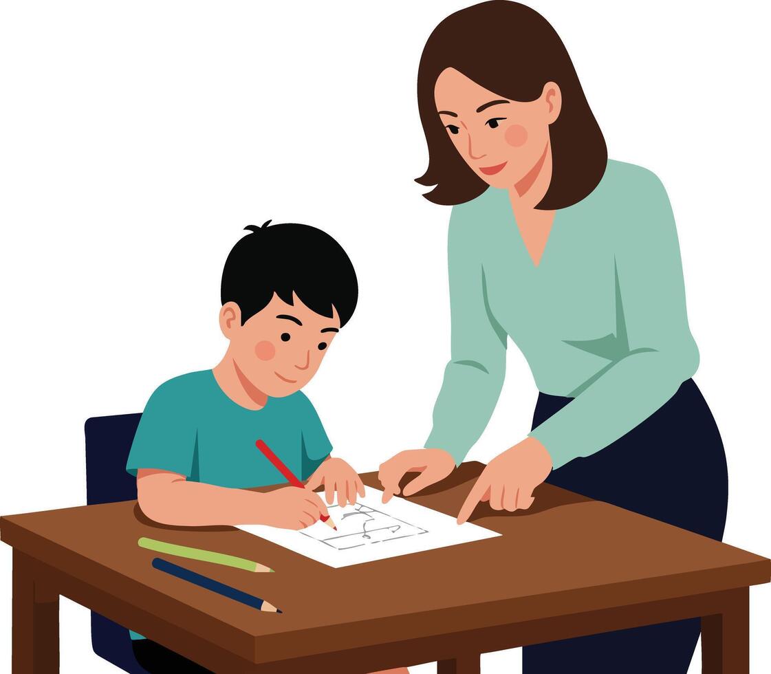 Mother helping son with homework at wooden table in educational learning moment vector