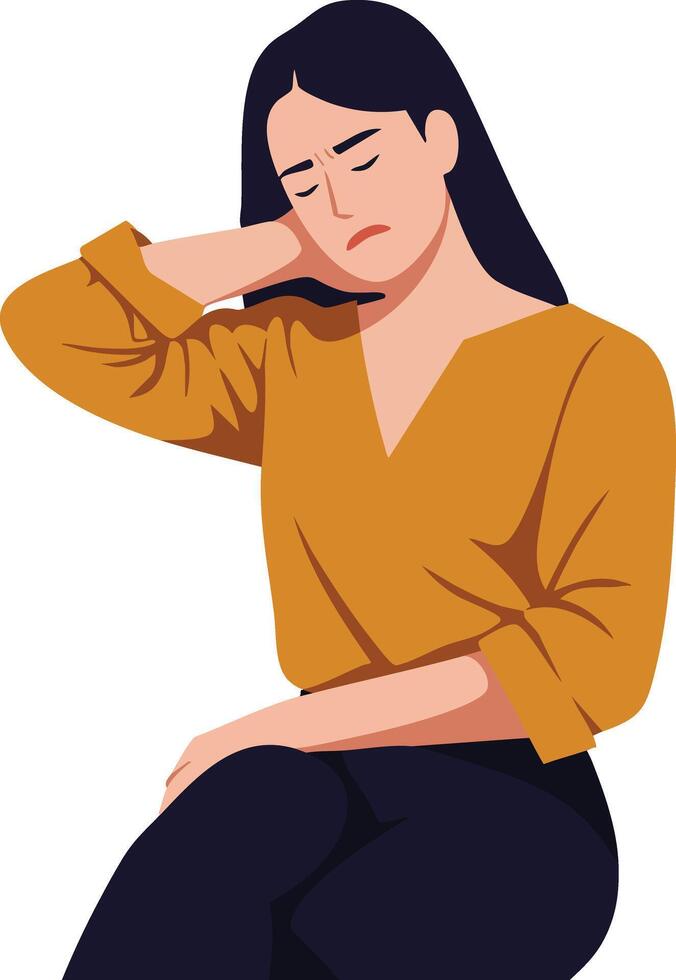 Woman experiencing neck pain wearing mustard blouse and black pants illustration showing discomfort and health concern vector