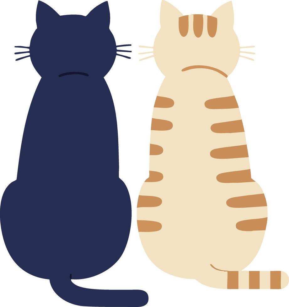 Two sitting cats back view with navy blue and beige stripes simple flat design illustration vector