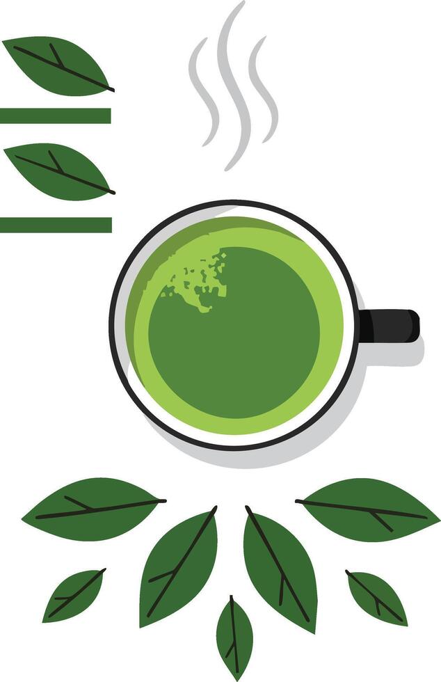 Green tea cup with fresh leaves and steam illustration for healthy beverage concept design vector