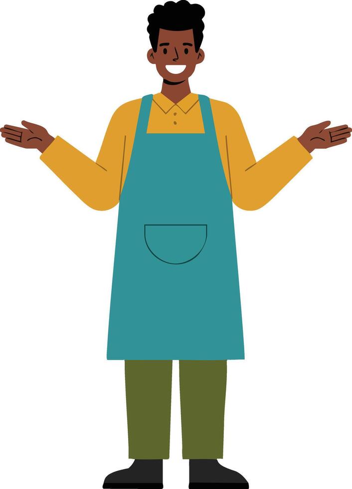 Smiling man wearing teal apron and yellow shirt with open arms friendly welcoming gesture illustration vector
