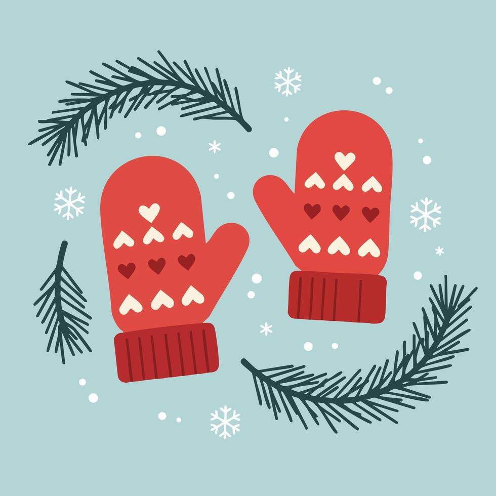 Red winter mittens with hearts surrounded by pine branches and snowflakes in square layout illustration vector