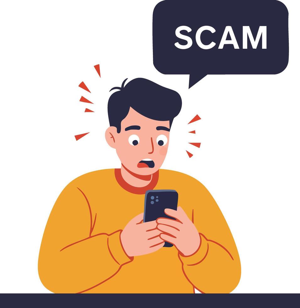 Young man shocked by scam message on smartphone in orange sweater illustration vector