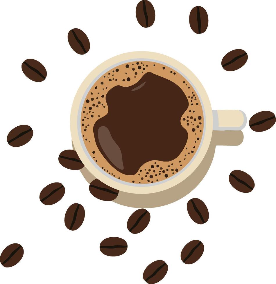Coffee cup with dark brown coffee and scattered coffee beans top view illustration vector