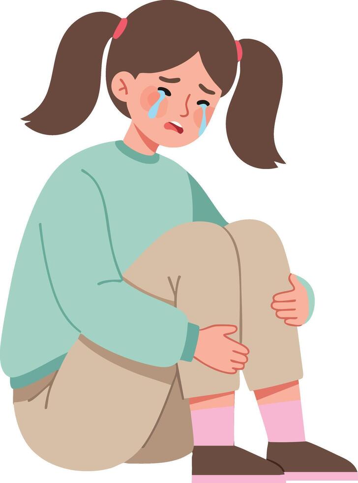 Sad crying girl sitting on floor hugging knees in casual clothes illustration vector