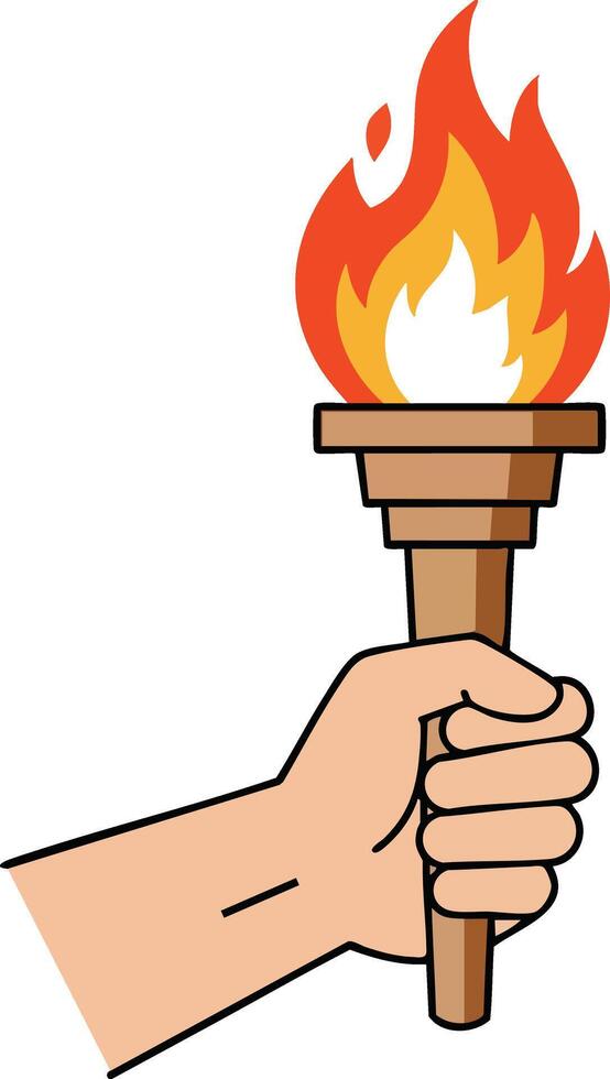Hand holding a burning torch with orange and yellow flames illustration for symbol of light and fire energy vector
