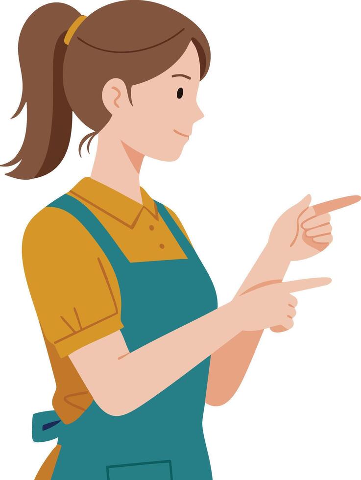 Woman in teal apron pointing sideways with both hands in casual pose illustration vector