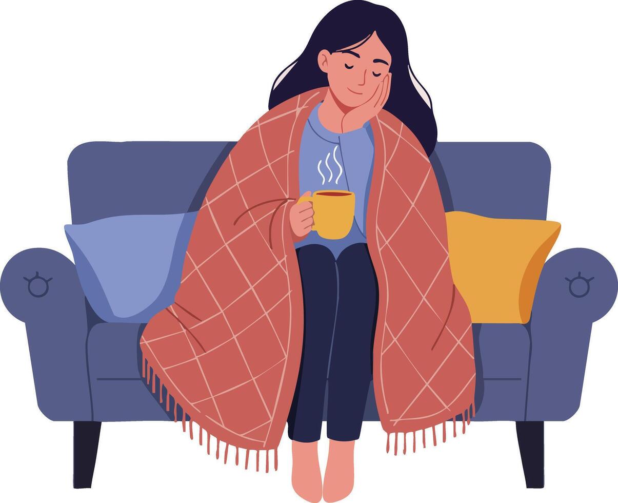 Woman wrapped in blanket relaxing with hot drink on sofa in cozy indoor setting natural calm mood vector