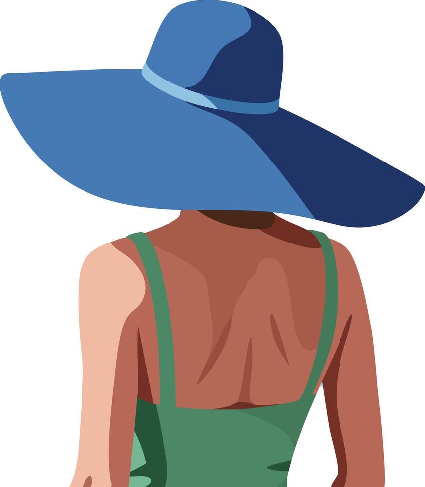 Woman wearing wide brim blue hat and green dress back view illustration summer style vector