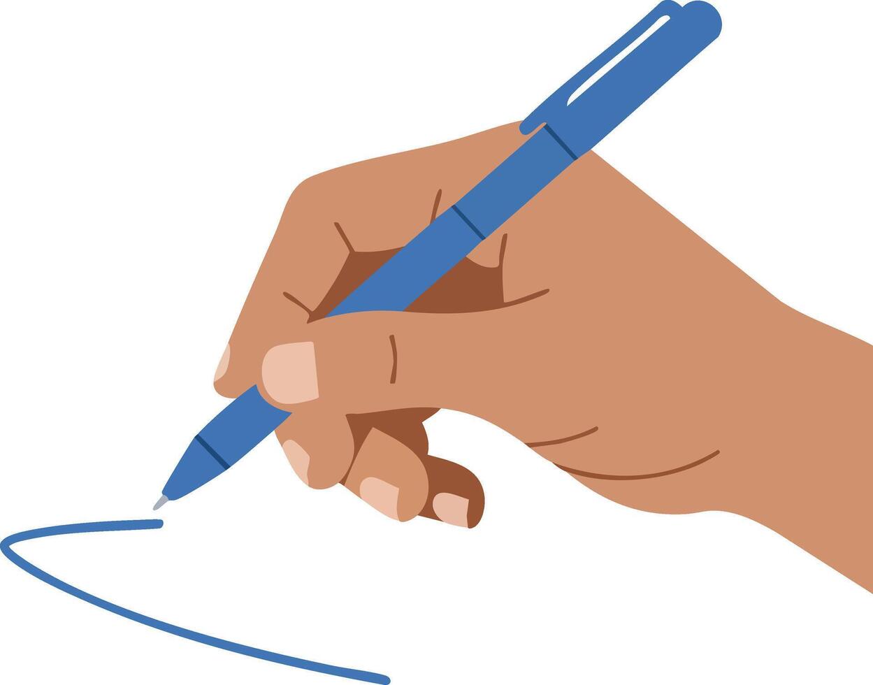 Hand holding blue pen drawing a curved line illustration for writing and creativity concepts vector