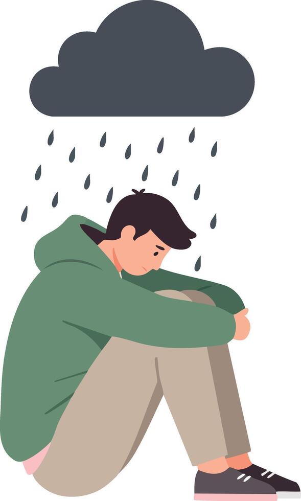 Sad young man sitting under rain cloud with drops and feeling lonely and depressed illustration vector