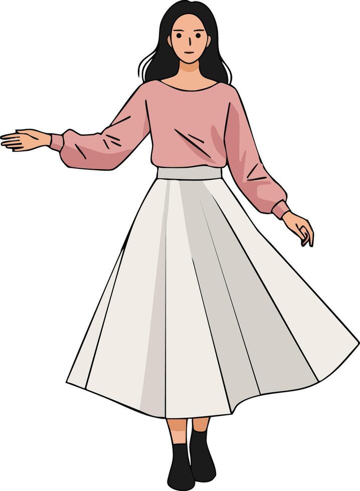 Woman in flowing white skirt and pink blouse standing with open arms illustration vector