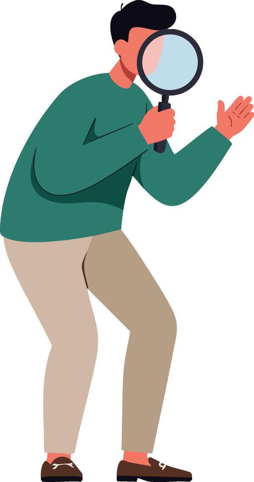 Man with magnifying glass inspecting closely in casual outfit illustration vector