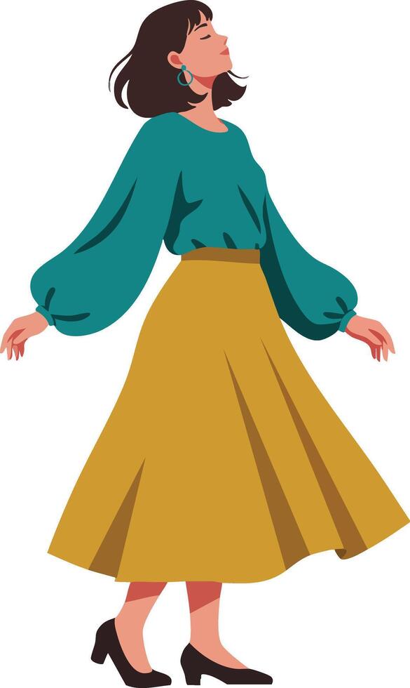 Woman wearing teal blouse and mustard yellow skirt walking confidently in high heels illustration vector