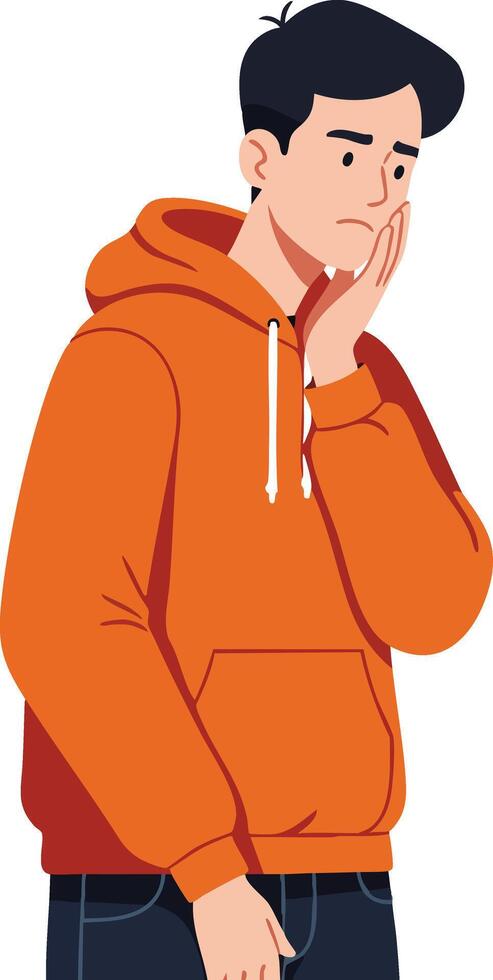 Young man in orange hoodie feeling worried or stressed illustration with thoughtful expression and casual clothing vector