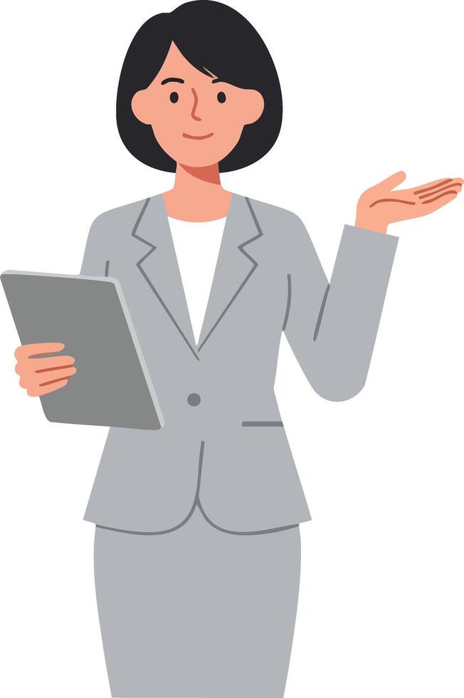Businesswoman in gray suit holding tablet presenting with hand gesture illustration vector